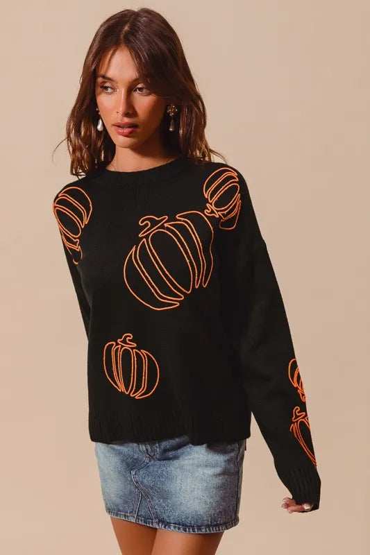 SO ME Pumpkin Embroidered Halloween Thanksgiving Sweater - Trendsi - Flyclothing LLC