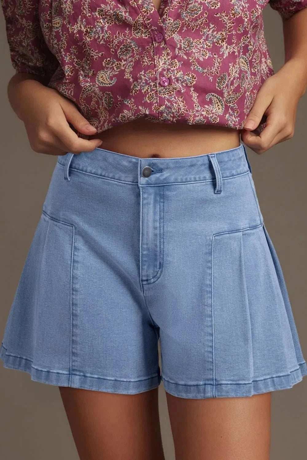 Pleated Patchwork Panel Lightweight Denim Shorts - Trendsi - Flyclothing LLC