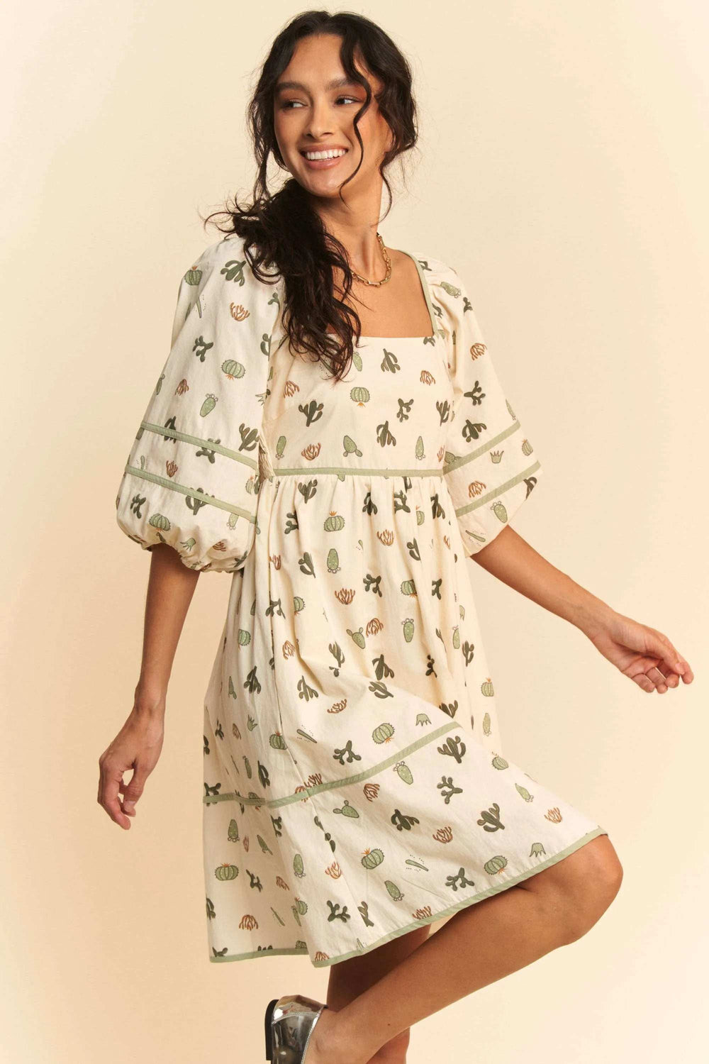 Davi & Dani Cactus Printed Poplin Contrast Piping Mini Dress - Trendsi - Flyclothing LLC