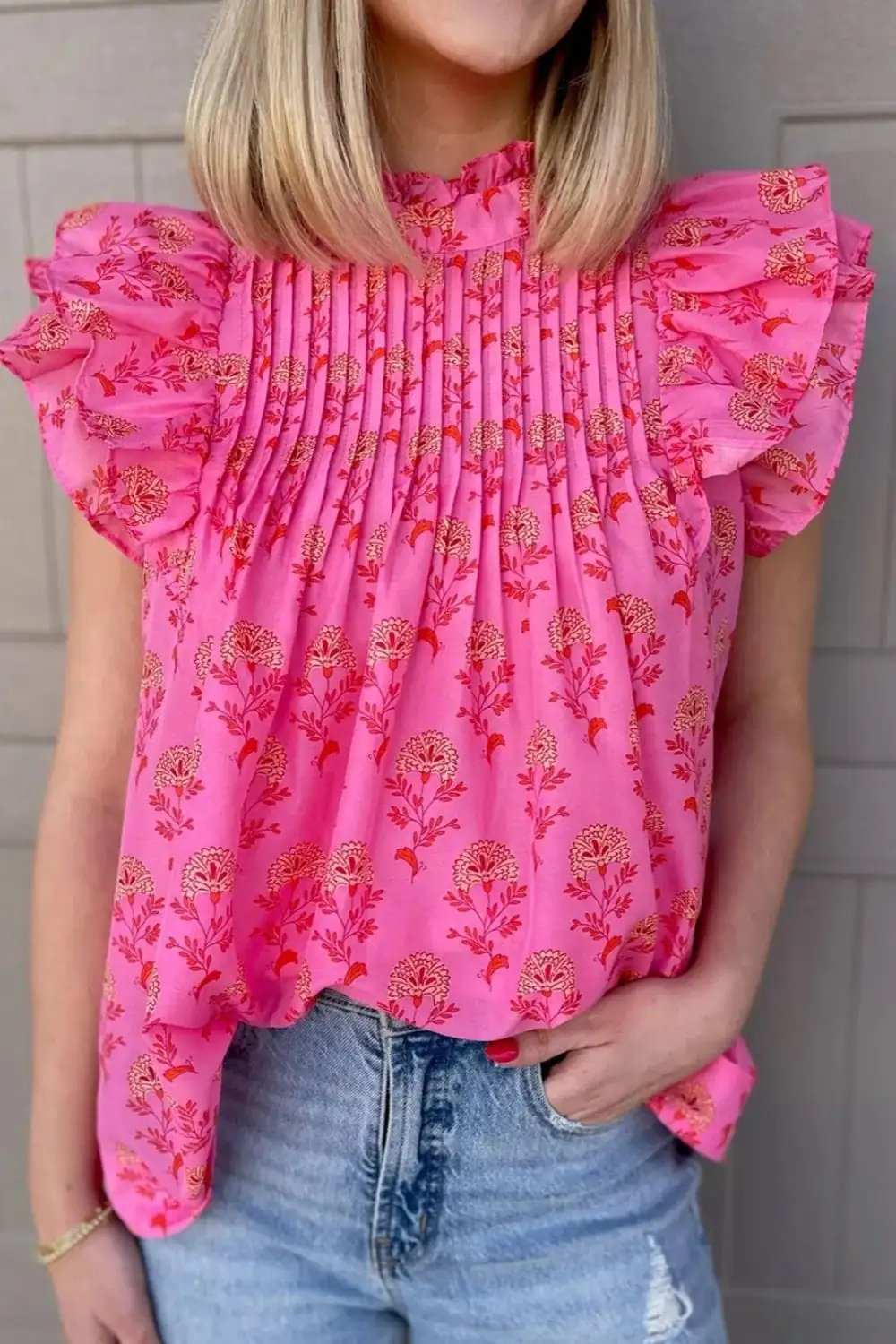 Ruffled Printed Mock Neck Cap Sleeve Blouse - Trendsi - Flyclothing LLC
