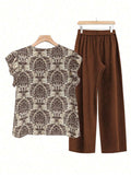Printed Ruffled Cap Sleeve Top and Pants Set - Trendsi - Flyclothing LLC
