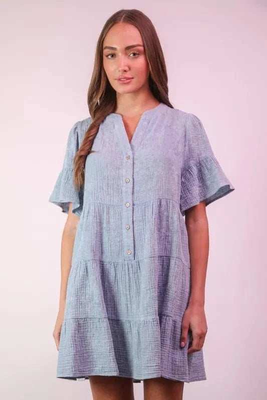 VERY J Mineral Washed Baby Bell Sleeve Woven Mini Dress - Trendsi - Flyclothing LLC