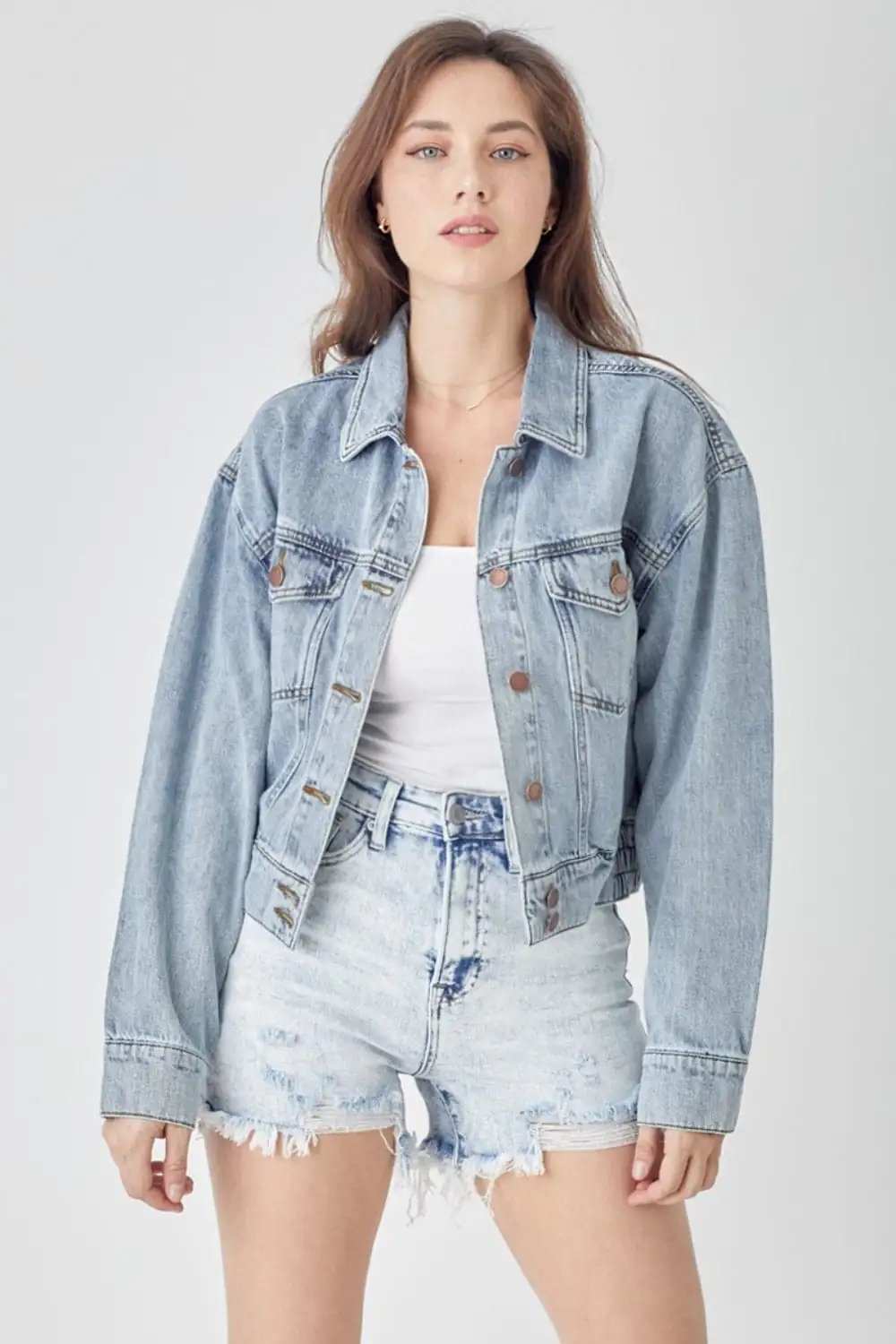 RISEN Full Size Button Down Cropped Denim Jacket - Trendsi - Flyclothing LLC