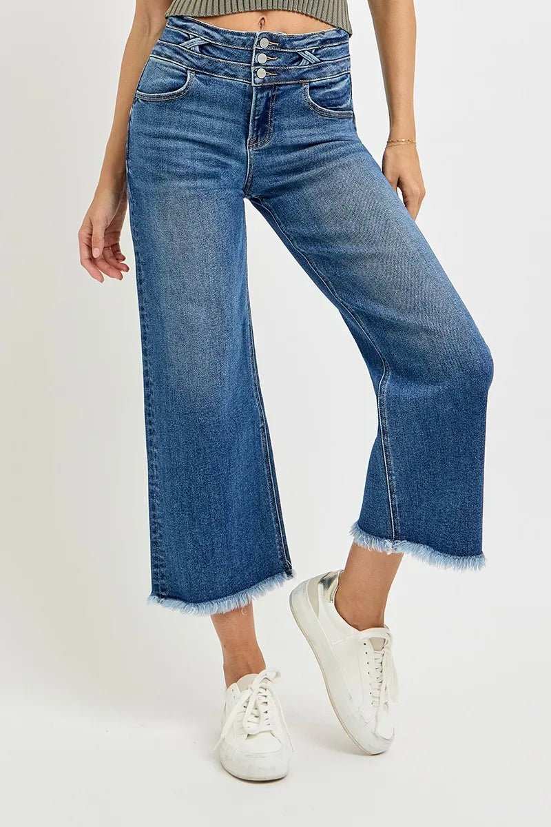 RISEN High Rise Crop Wide Leg Jeans with Wide Band Detail - Trendsi - Flyclothing LLC