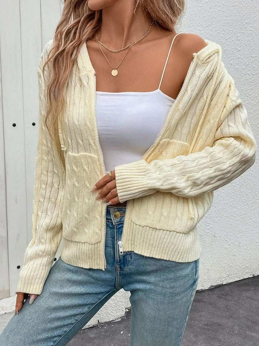 Zip Up Long Sleeve Hooded Cardigan - Trendsi - Flyclothing LLC