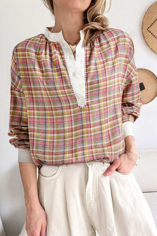 Mulit-Color Plaid Round Neck Long Sleeve Blouse - Trendsi - Flyclothing LLC