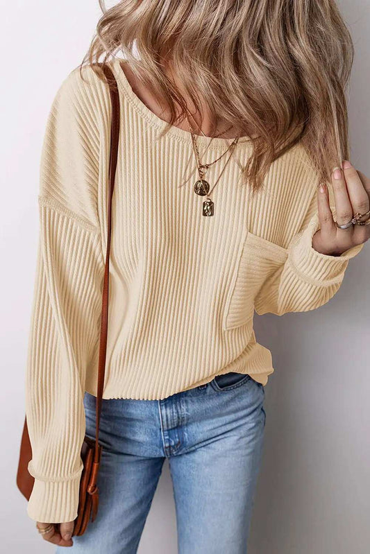 Pocketed Round Neck Long Sleeve Top - Trendsi - Flyclothing LLC