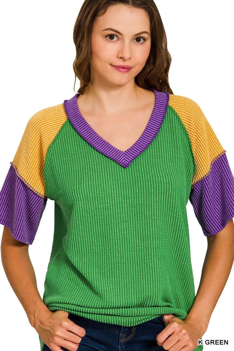Zenana Mardi Gras Raised Rib Color Block Top - Trendsi - Flyclothing LLC