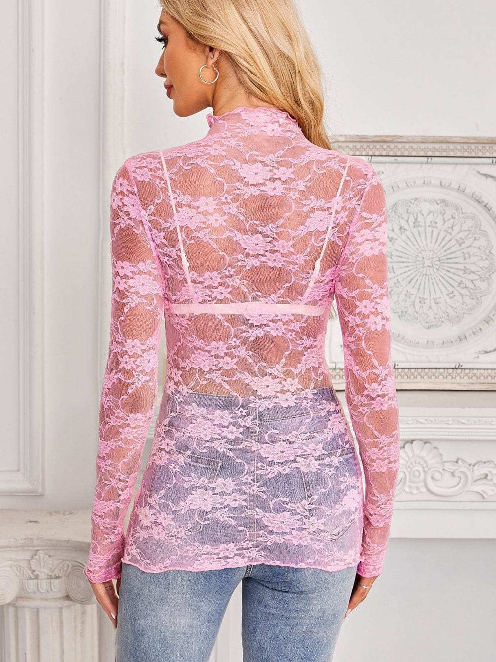 Mock Neck Long Sleeve Lace Sheer Top - Trendsi - Flyclothing LLC