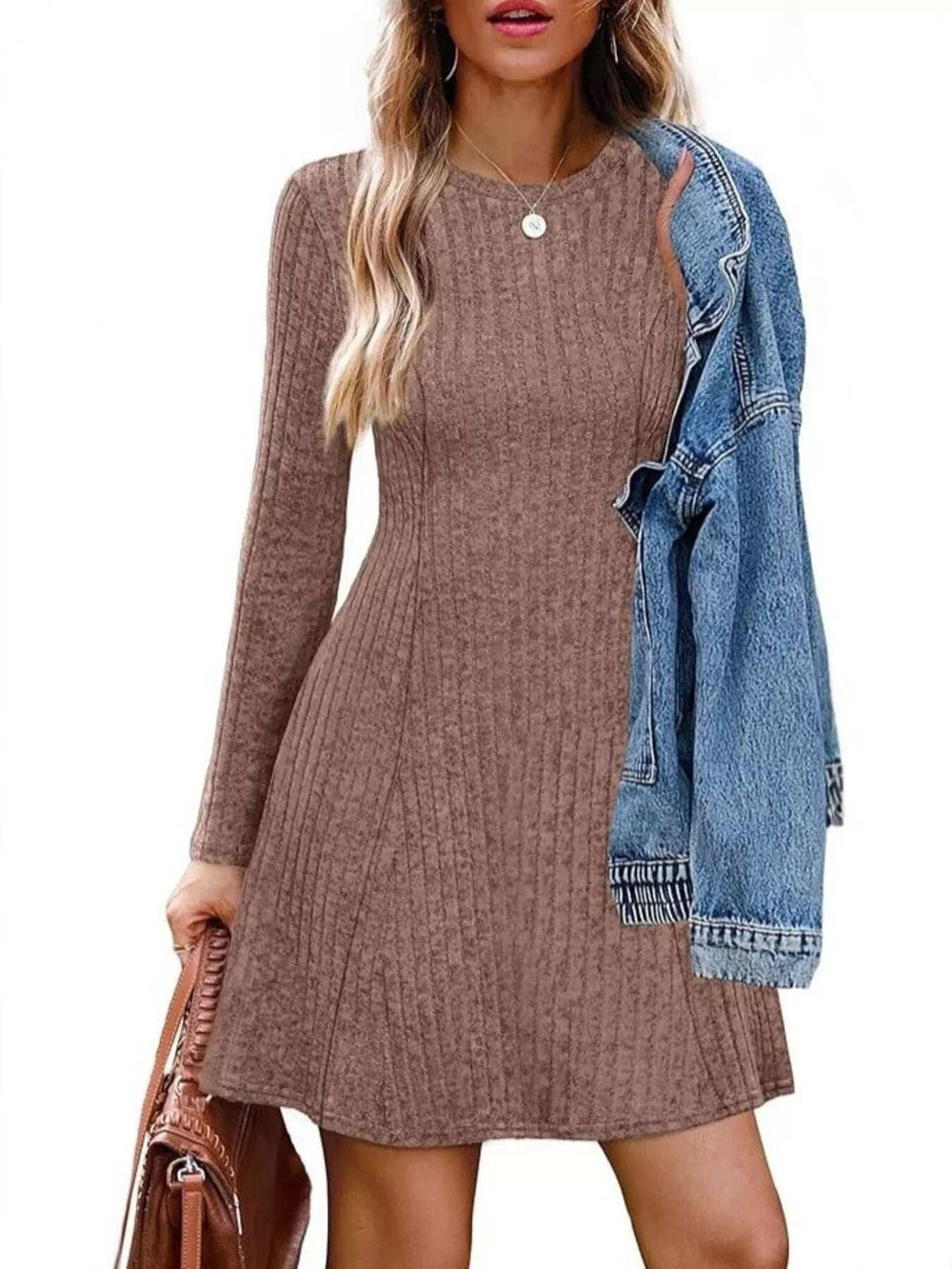 Ribbed Knit Long Sleeve A-Line Dress - Trendsi - Flyclothing LLC