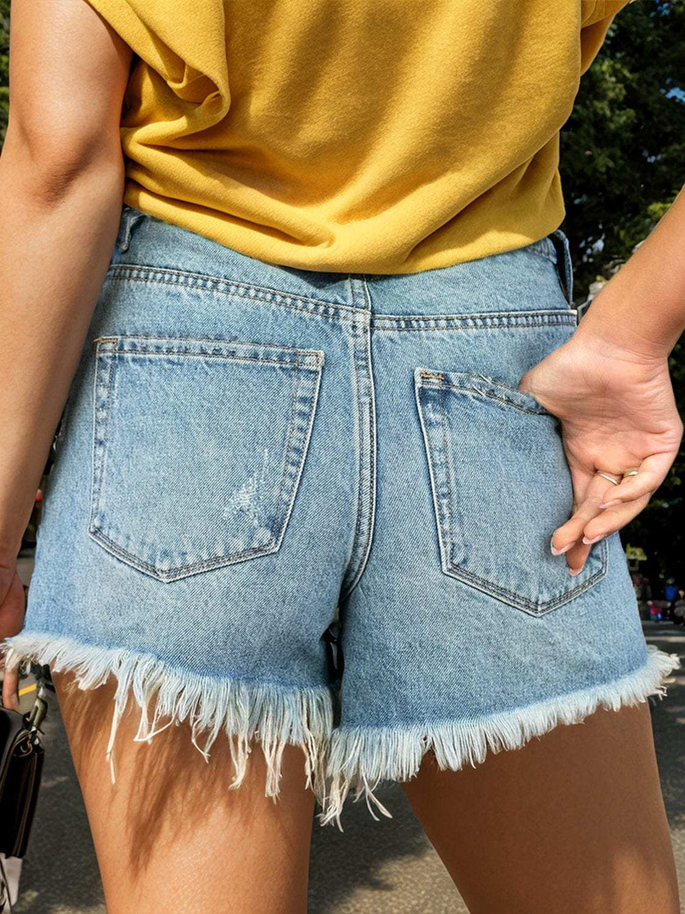 Raw Hem Denim Shorts with Pockets - Trendsi - Flyclothing LLC