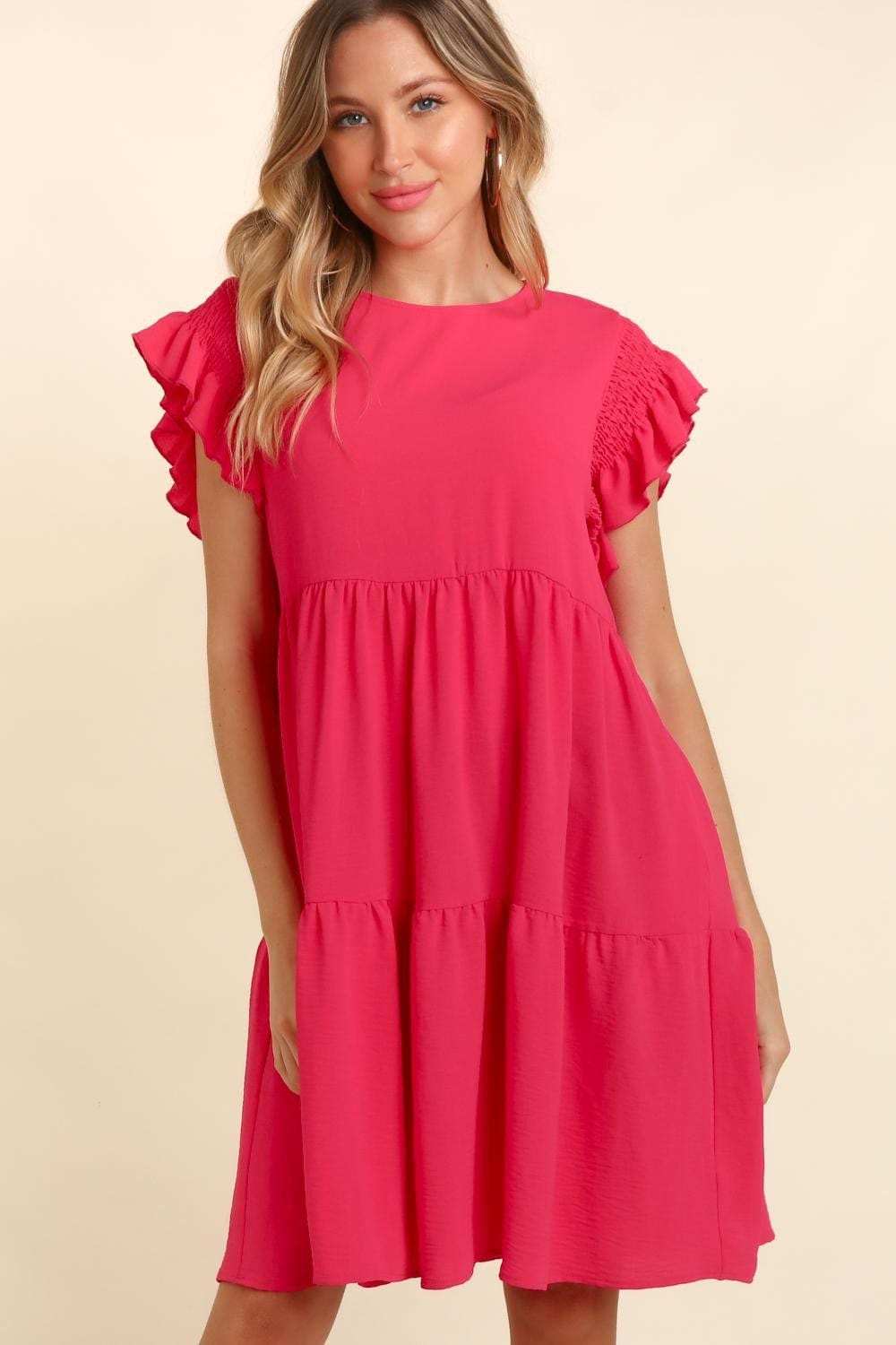 Haptics Full Size Smocking Ruffle Short Sleeve Dress with Pockets - Trendsi - Flyclothing LLC