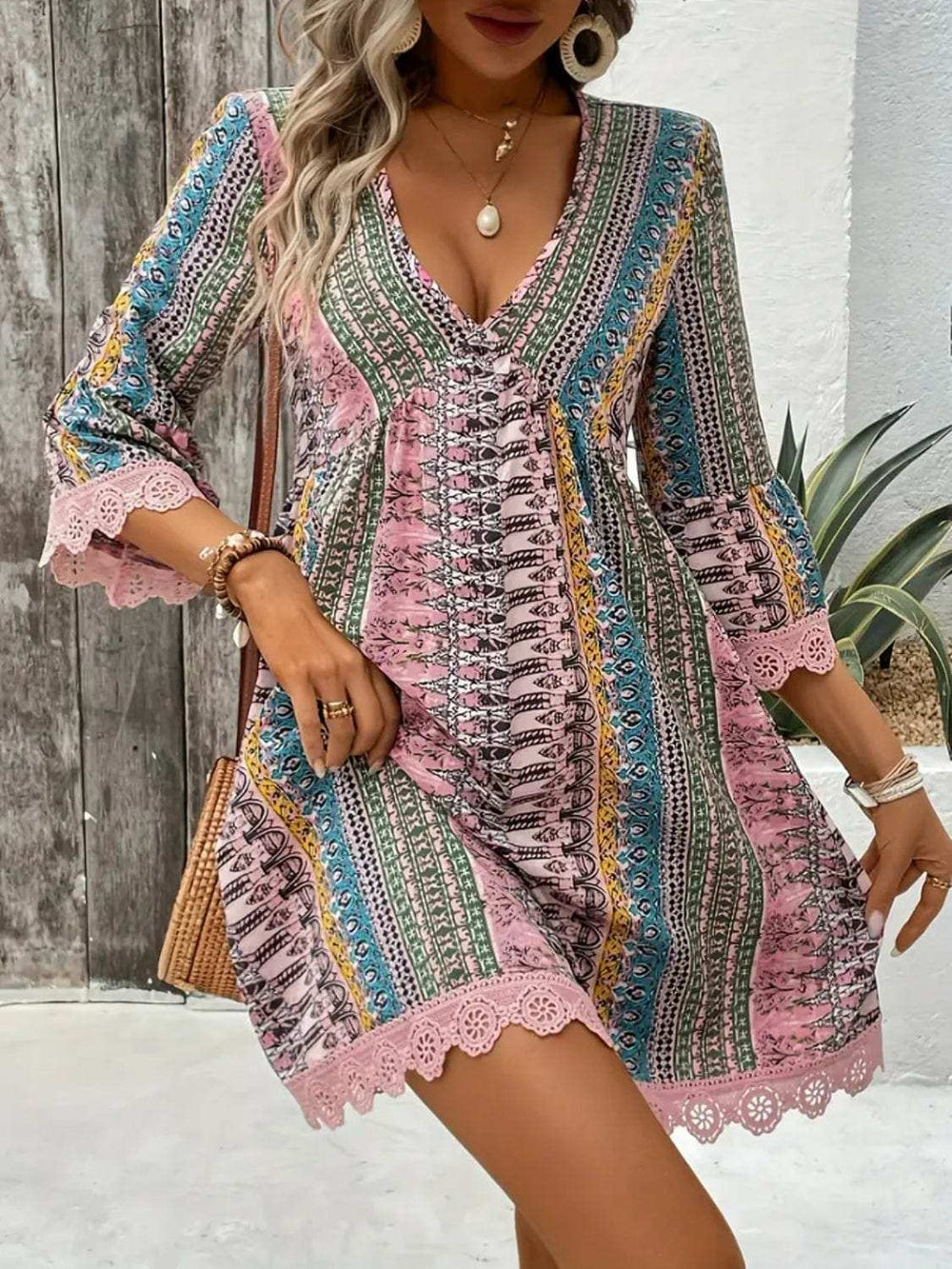 Lace Trim Printed V-Neck 3/4 Sleeve Dress - Trendsi - Flyclothing LLC