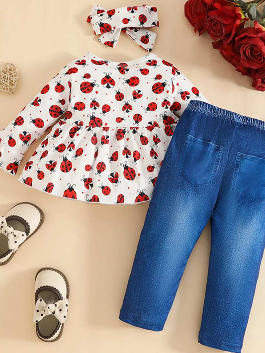 Children's Ladybug Print Ruffle Hem Top & Jeans Set with Headband - Trendsi - Flyclothing LLC