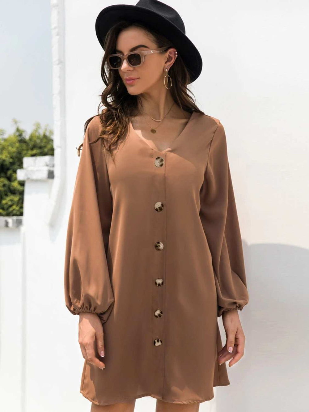 V-Neck Long Sleeve Mini Dress - Trendsi - Flyclothing LLC