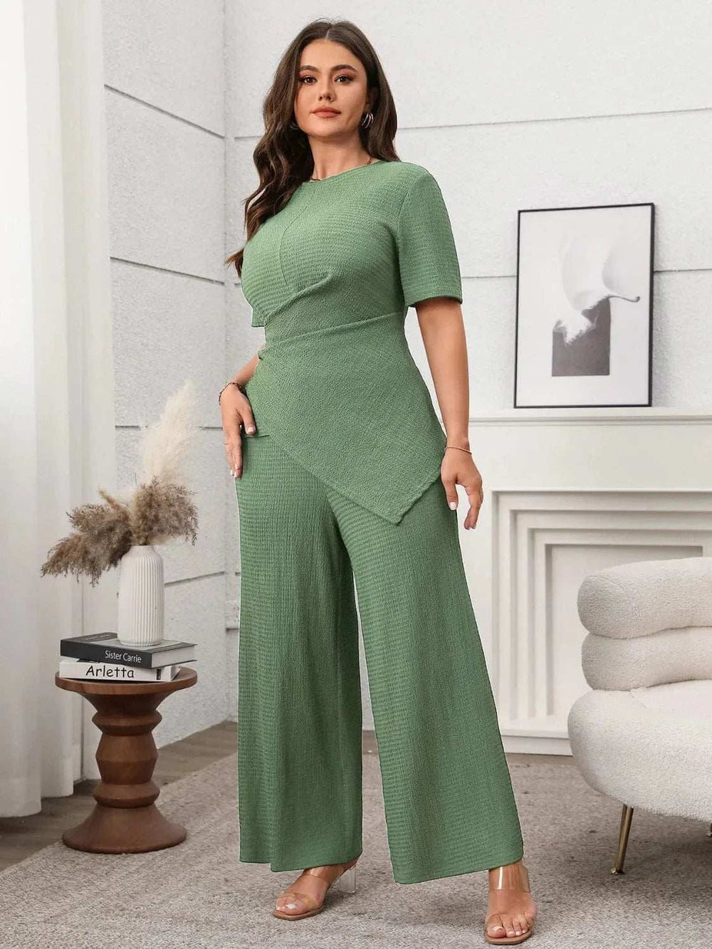 Plus Size Asymmetrical Round Neck Short Sleeve Top and Pants Set - Trendsi - Flyclothing LLC