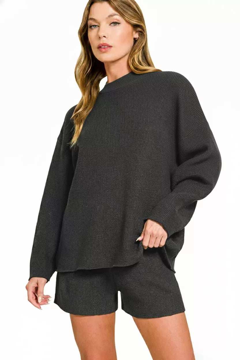 Zenana Round Neck Knit Top and Shorts Sweater Set - Trendsi - Flyclothing LLC
