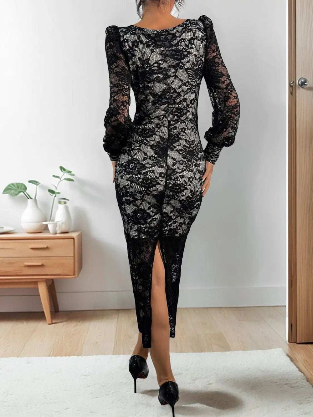 Perfee Lace Sweetheart Neck Long Sleeve Midi Dress - Trendsi - Flyclothing LLC