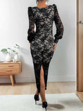 Perfee Lace Sweetheart Neck Long Sleeve Midi Dress - Trendsi - Flyclothing LLC