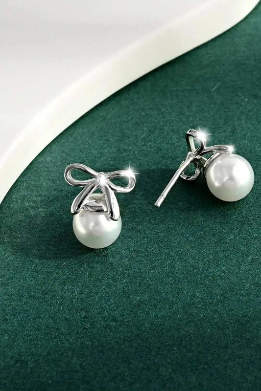 925 Sterling Silver Pearl Bow Earrings - Trendsi - Flyclothing LLC