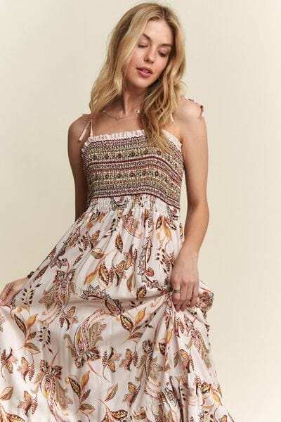 ADORA Smocked Printed Square Neck Tie Shoulder Cami Dress - Trendsi - Flyclothing LLC