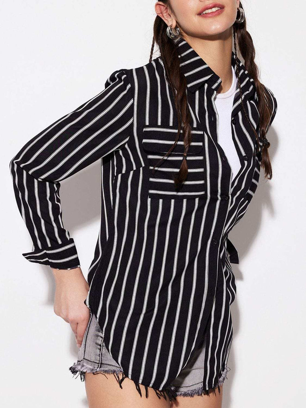Striped Collared Neck Long Sleeve Shirt - Trendsi - Flyclothing LLC