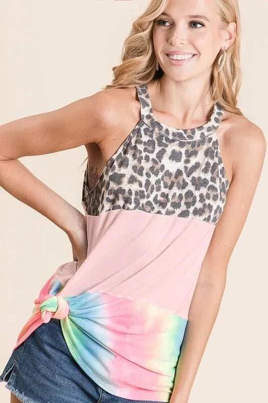 BiBi Leopard and Tie Dye Block Halter Neck Top - Trendsi - Flyclothing LLC