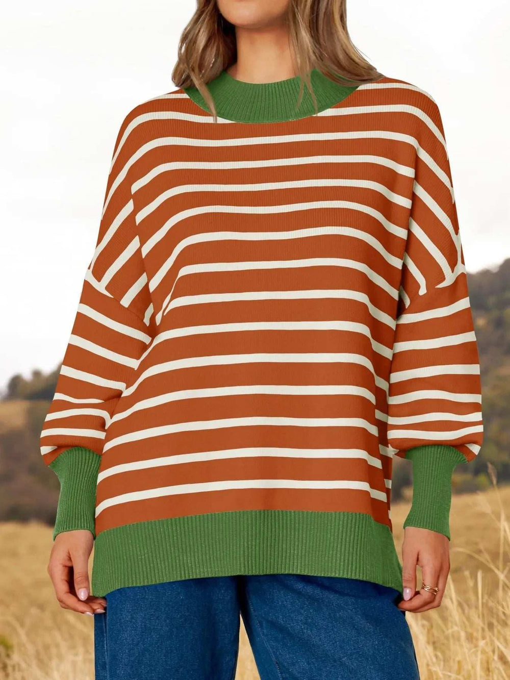 Striped Round Neck Long Sleeve Sweater - Trendsi - Flyclothing LLC