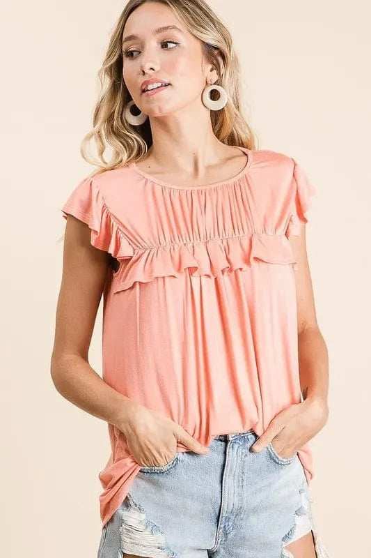 BiBi Jersey Knit Gathered Top with Ruffles - Trendsi - Flyclothing LLC