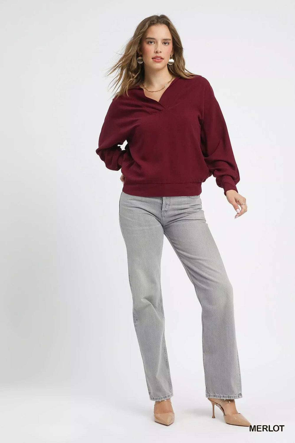Umgee Linen Long Sleeves Elastic Hem Blouse - Trendsi - Flyclothing LLC