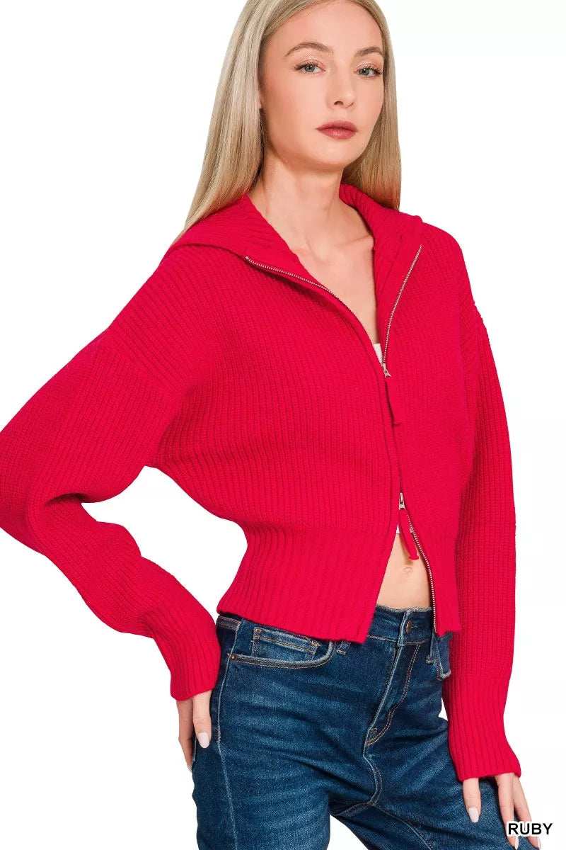 Zenana Ribbed Collared Zip Up Sweater Cardigan - Trendsi - Flyclothing LLC