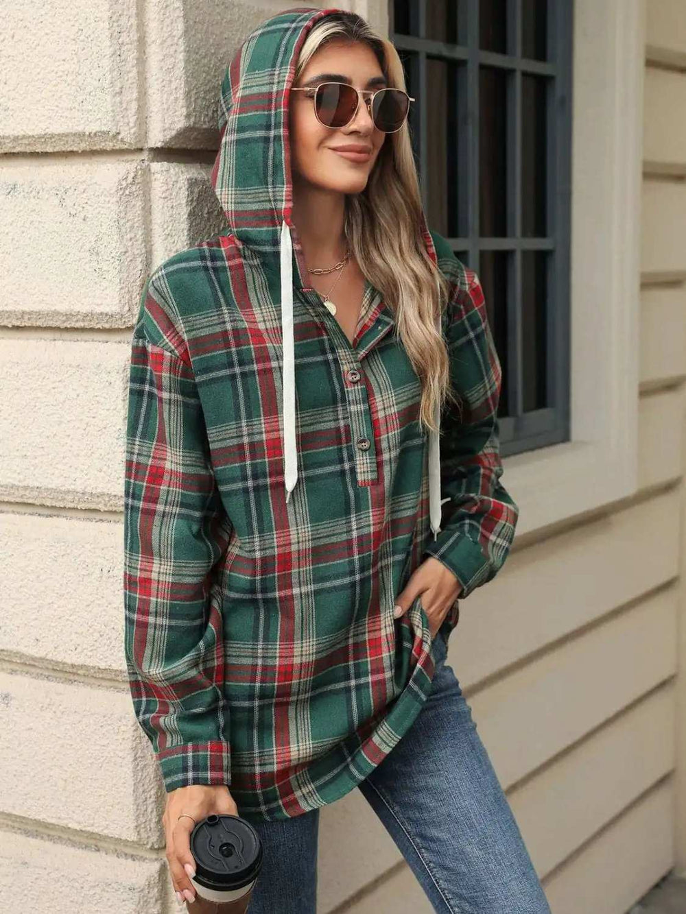 Drawstring Plaid Hooded Long Sleeve Top - Trendsi - Flyclothing LLC