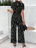Tied Printed Mock Neck Wide Leg Jumpsuit - Trendsi - Flyclothing LLC