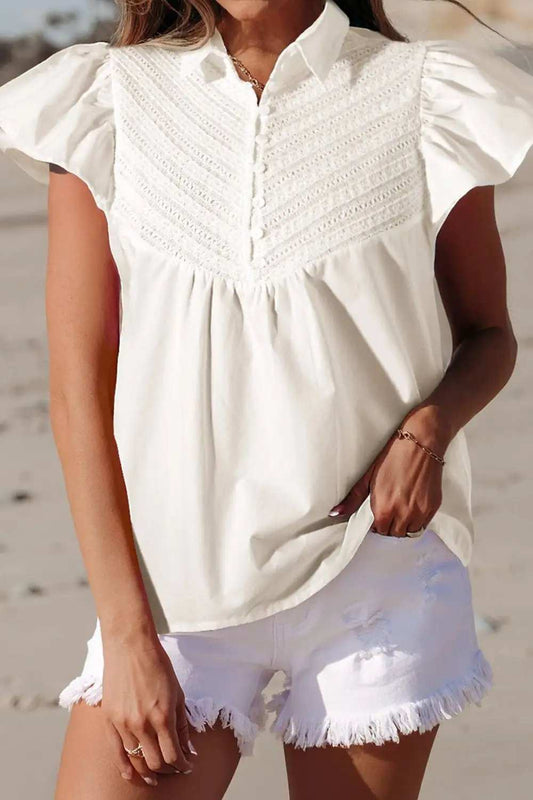 Lace Patchwork Ruffled Cap Sleeve Blouse - Trendsi - Flyclothing LLC
