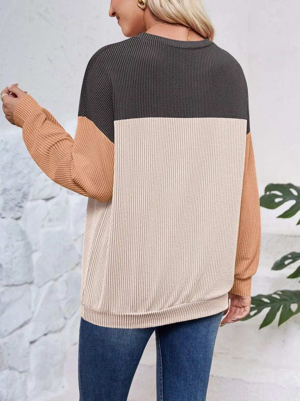 Color Block Round Neck Long Sleeve Sweatshirt - Trendsi - Flyclothing LLC