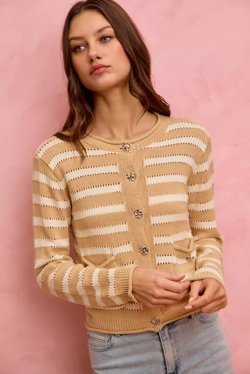 SO ME Stripe Long Sleeves Button Sweater Cardigan - Trendsi - Flyclothing LLC