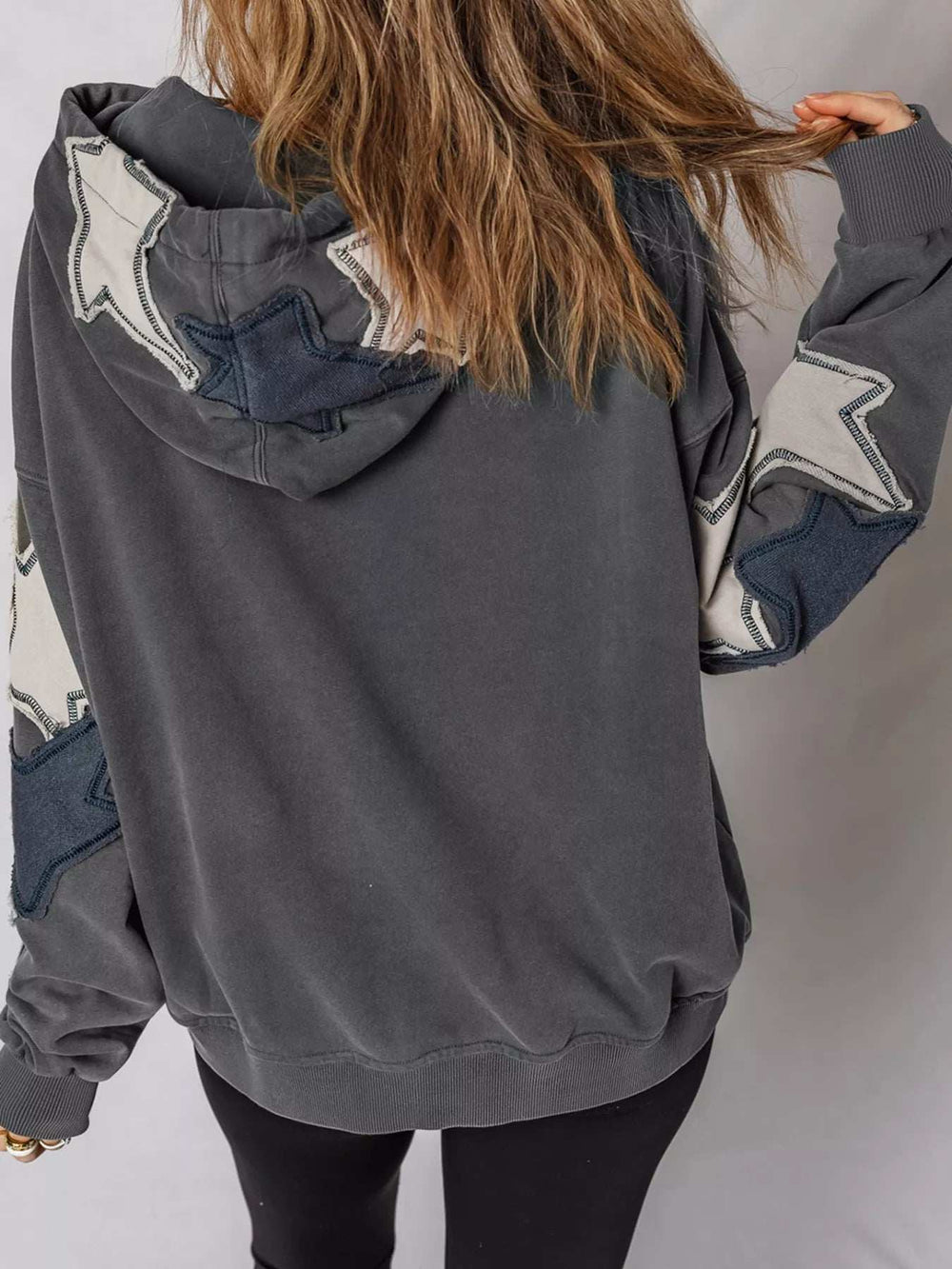 Star Patchwork Contrast Stitching Mineral Wash Kangaroo Pocket Hoodie - Trendsi - Flyclothing LLC