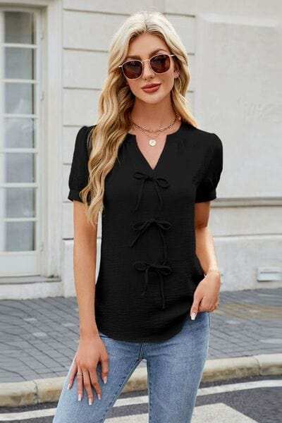 Bow Notched Short Sleeve Blouse - Trendsi - Flyclothing LLC
