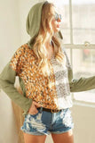 BiBi Popcorn Waffle Knit Hoodie with Print Block Front - Trendsi - Flyclothing LLC