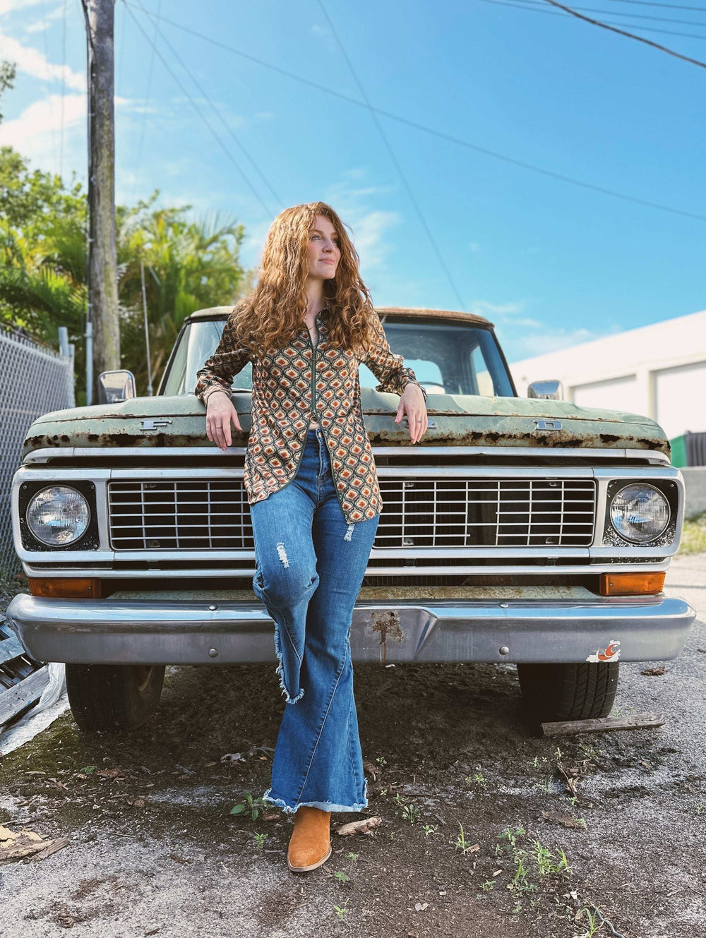 Vagabond Retro Green Tulip Zipper Front Blouse - Lil Bee's Bohemian - Flyclothing LLC