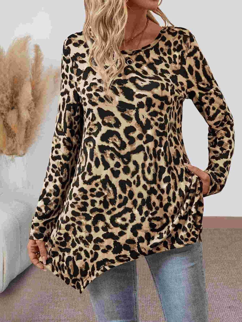 Leopard Round Neck Long Sleeve T-Shirt - Trendsi - Flyclothing LLC