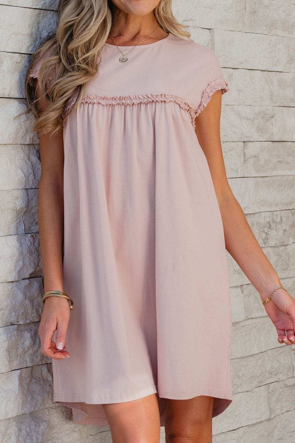 Frilled Trim Crew Neck Cap Sleeve Loose Fit Mini Dress - Trendsi - Flyclothing LLC