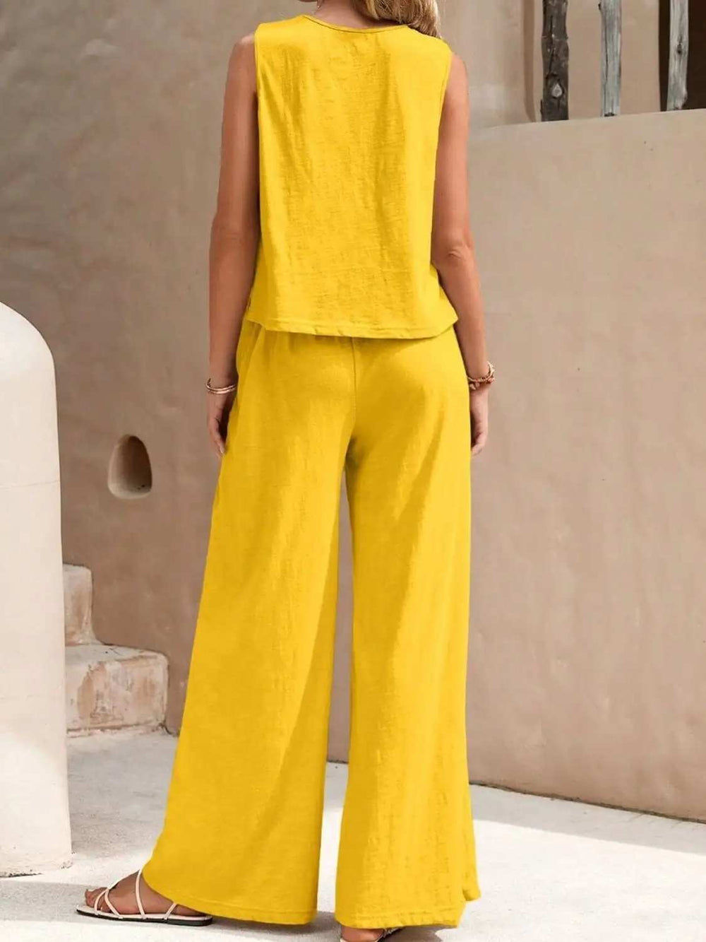 Round Neck Sleeveless Top and Wide Leg Pants Set - Trendsi - Flyclothing LLC