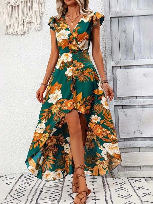 High-Low Printed Cap Sleeve Maxi Dress - Trendsi - Flyclothing LLC