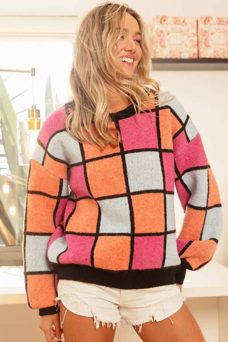 BiBi Multi Color Checker Pattern Sweater - Trendsi - Flyclothing LLC