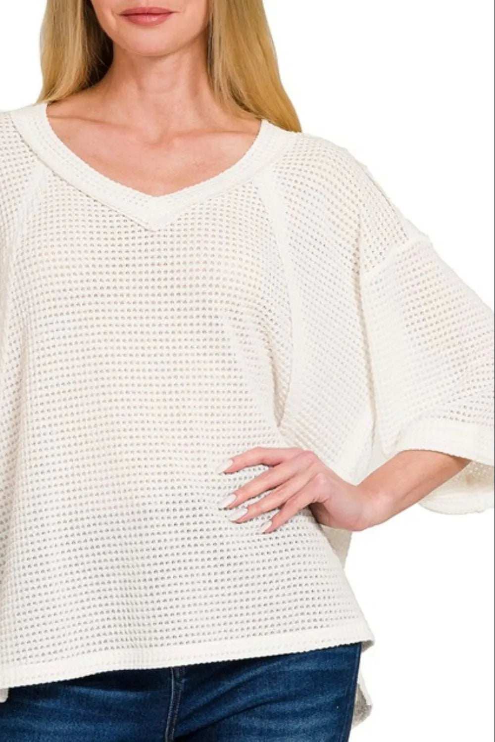 Zenana Brushed Waffle Exposed-seam 3/4 Sleeve Top - Trendsi - Flyclothing LLC