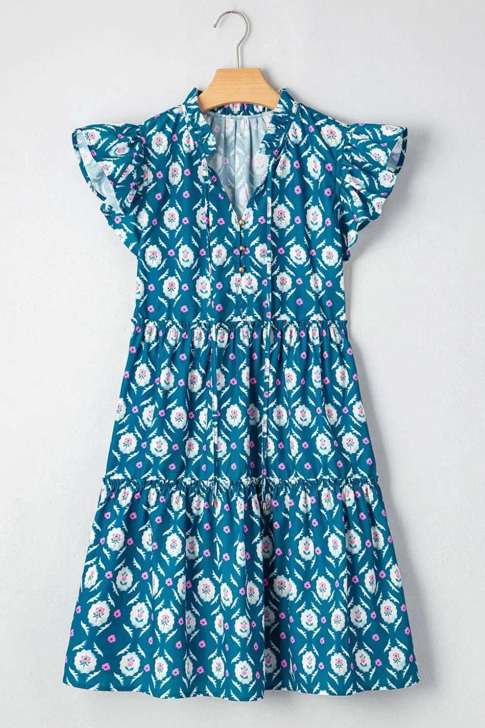 Printed Tie Neck Ruffled Cap Sleeve Dress - Trendsi - Flyclothing LLC