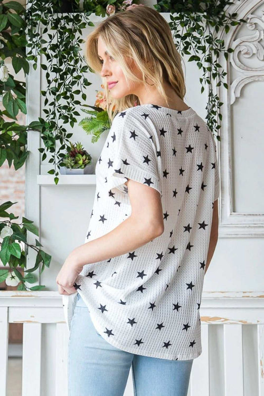 Heimish Full Size Star Print Short Sleeve V-Neck Waffle Knit T-Shirt - Trendsi - Flyclothing LLC