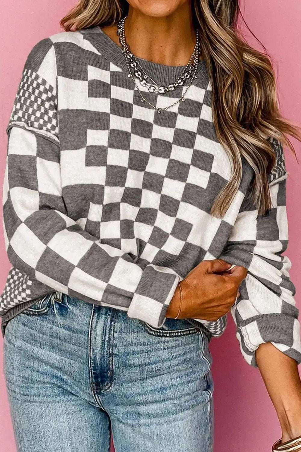 Checkered Round Neck Long Sleeve Sweater - Trendsi - Flyclothing LLC