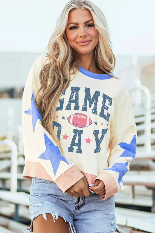 GAME DAY Star Patch Round Neck Long Sleeve Sweatshirt - Trendsi - Flyclothing LLC